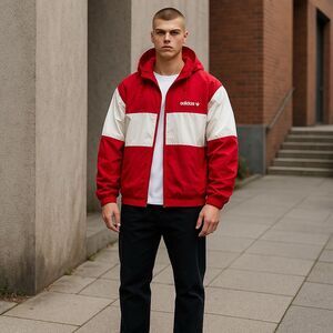 RARE Adidas Men's Vintage Red‎ Windbreaker D6 F180 Size L Hood 80s Retro